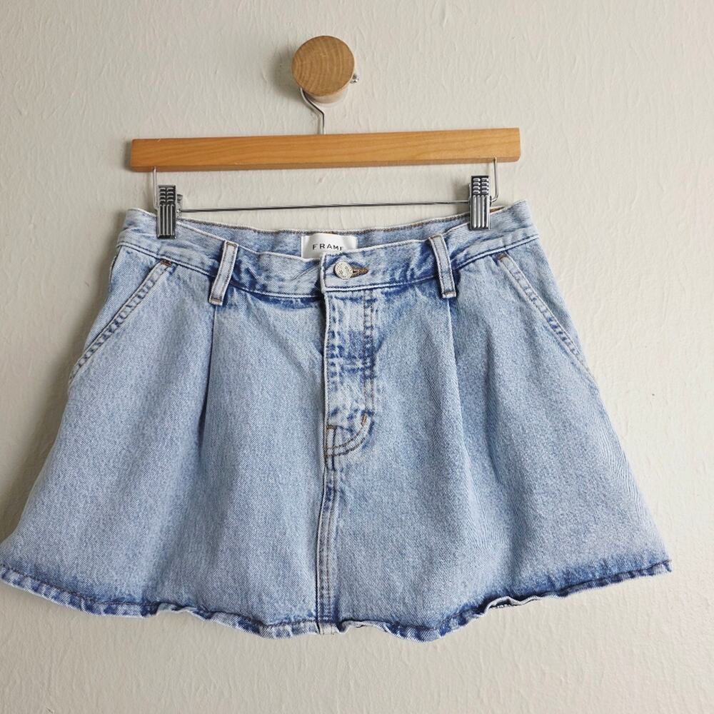 FRAME The Pleated Denim Mini Skirt in Outlaw Blue High End Luxury Jean Skirt 26 - Picture 7 of 16